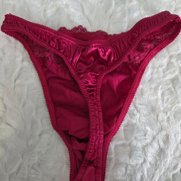 Victoria Secret Fuchsia Satin Lace Thong Women's Medium Vintage 1997 - Picture 3 of 5